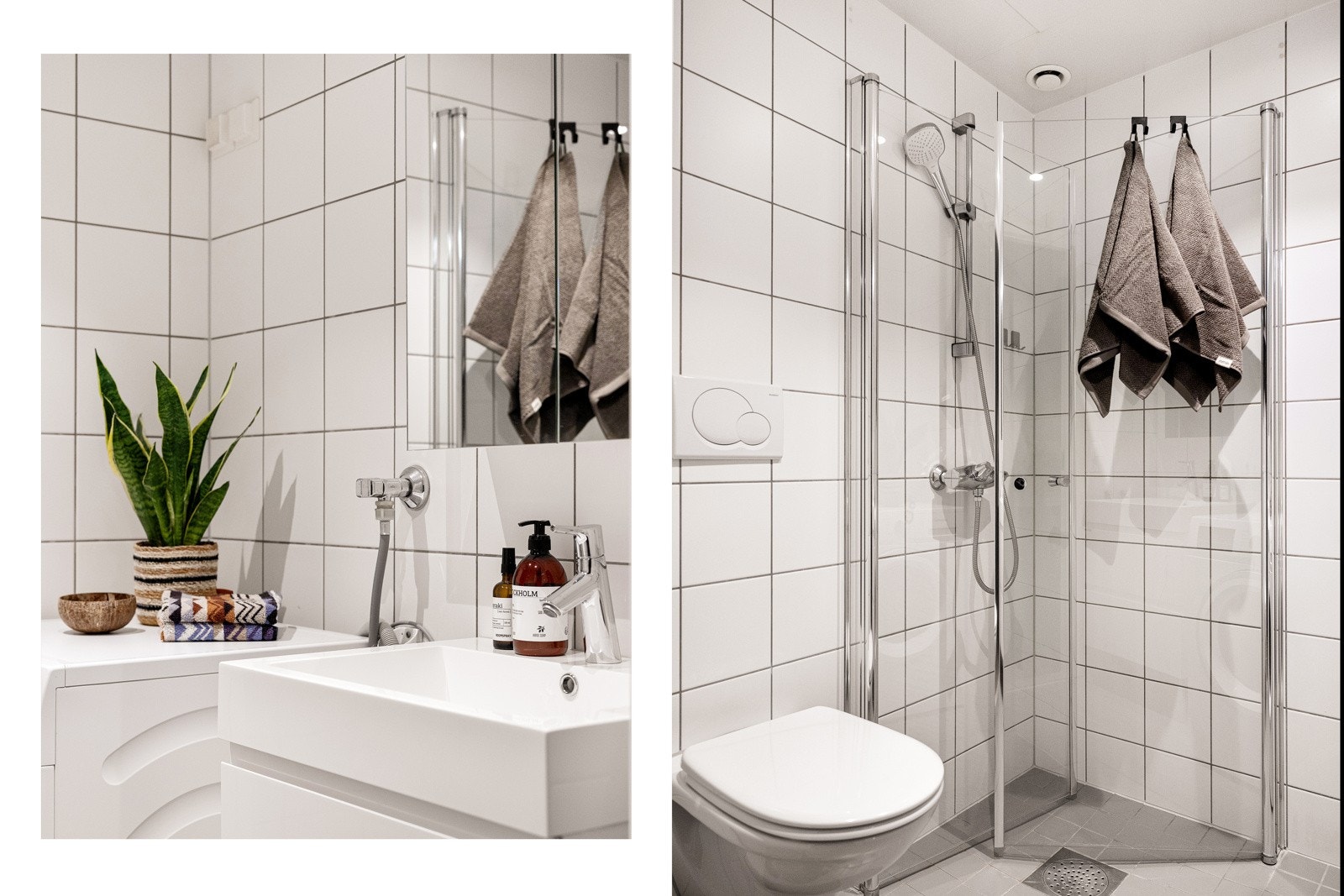 Videre inneholder baderommet et servantskap med folierte fronter og en heldekkende servant, speilskap med lysarmatur på vegg over servant. Galleribilde