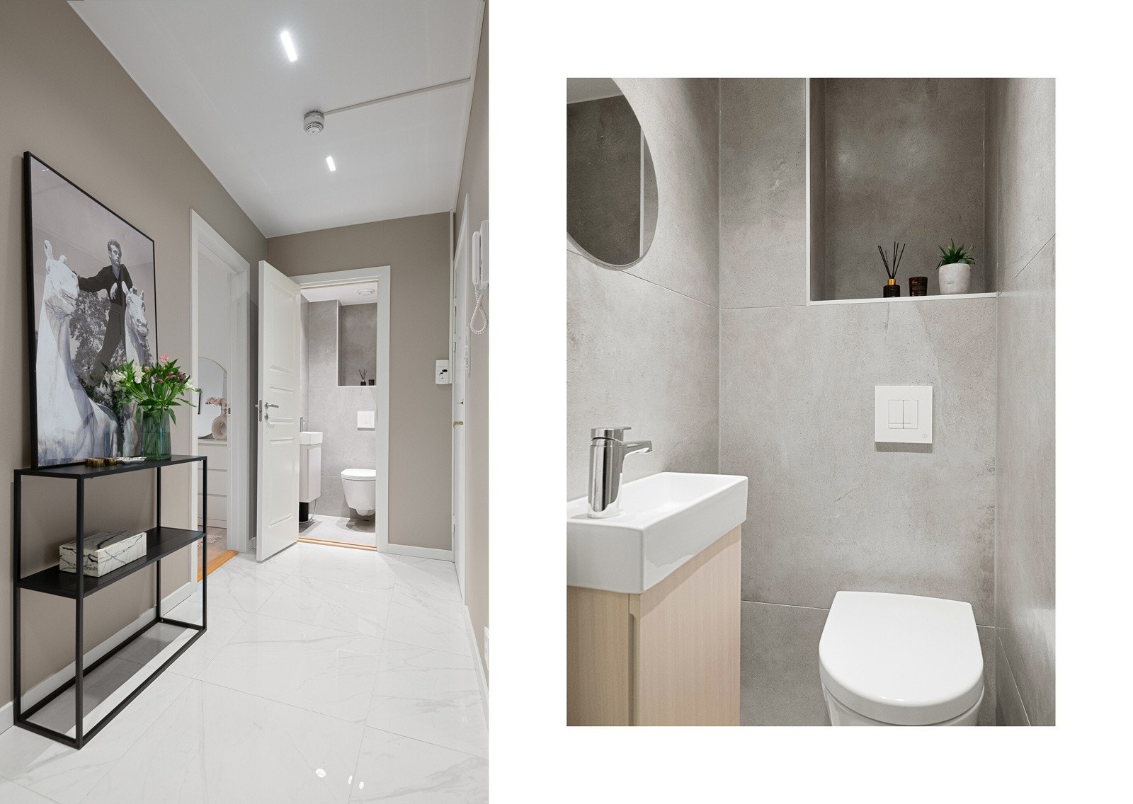 Toalettrommet ble modernisert i 2022 og har inngang fra entréen - idéelt for gjester. Rommet har veggmotert toalett og det er satt inn servant med servantskap og speil. Galleribilde