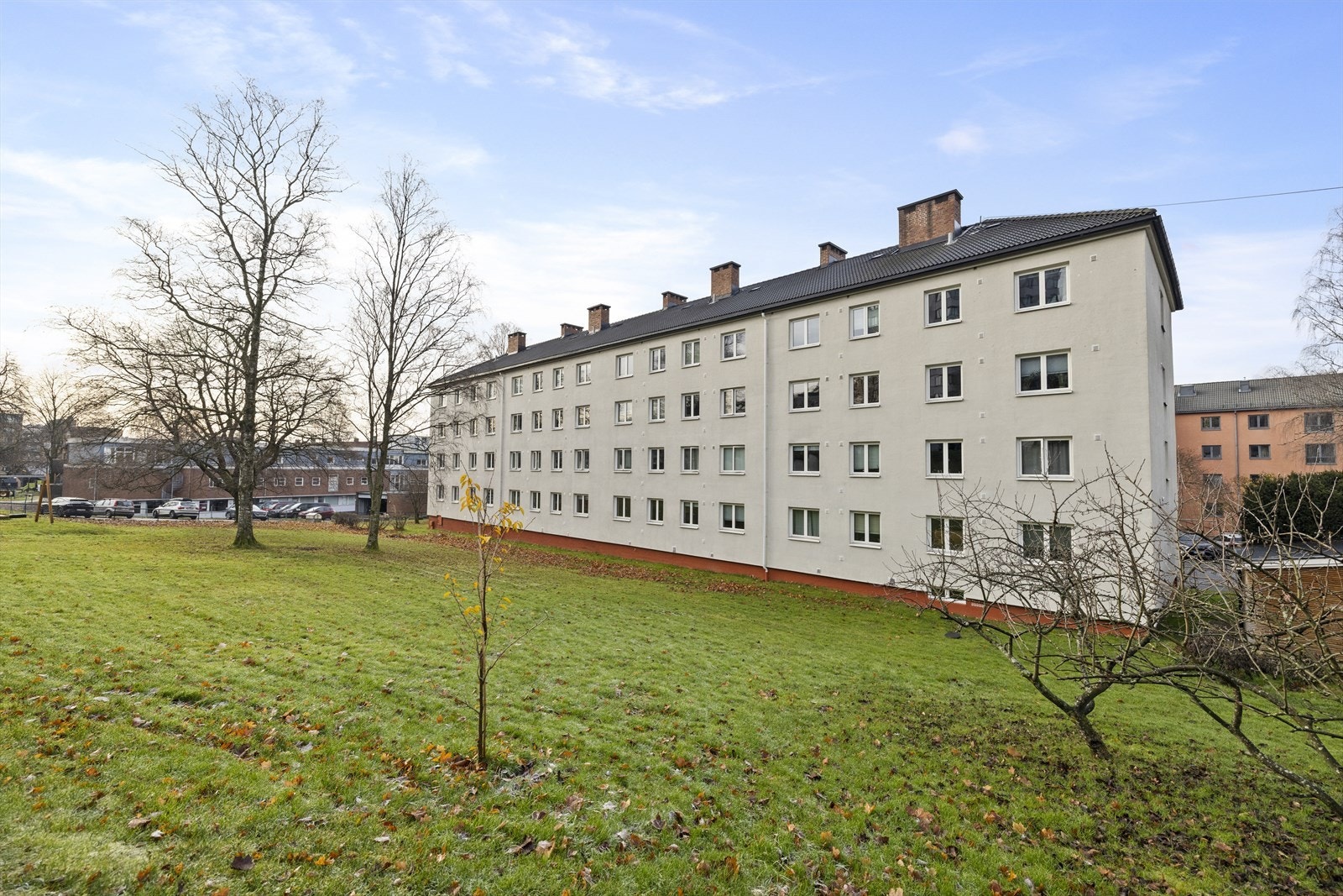 På baksiden av bygget er det store grøntområder, perfekt for soling, lek og ballspill Galleribilde