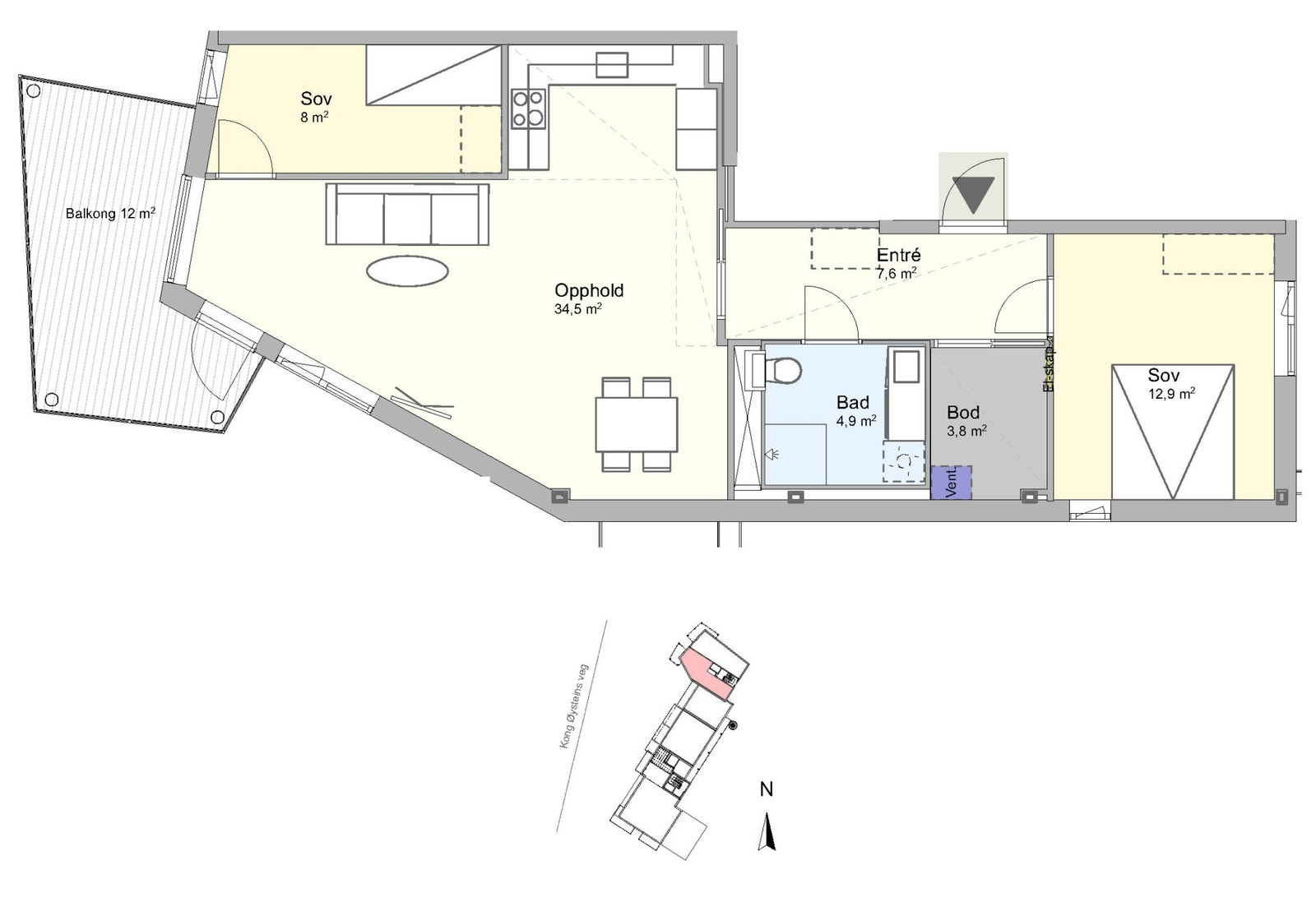 Planskisse: Leilighet 3E-601. 3-roms leilighet (vestvendt) på 75 kvm i 6.etg. Galleribilde