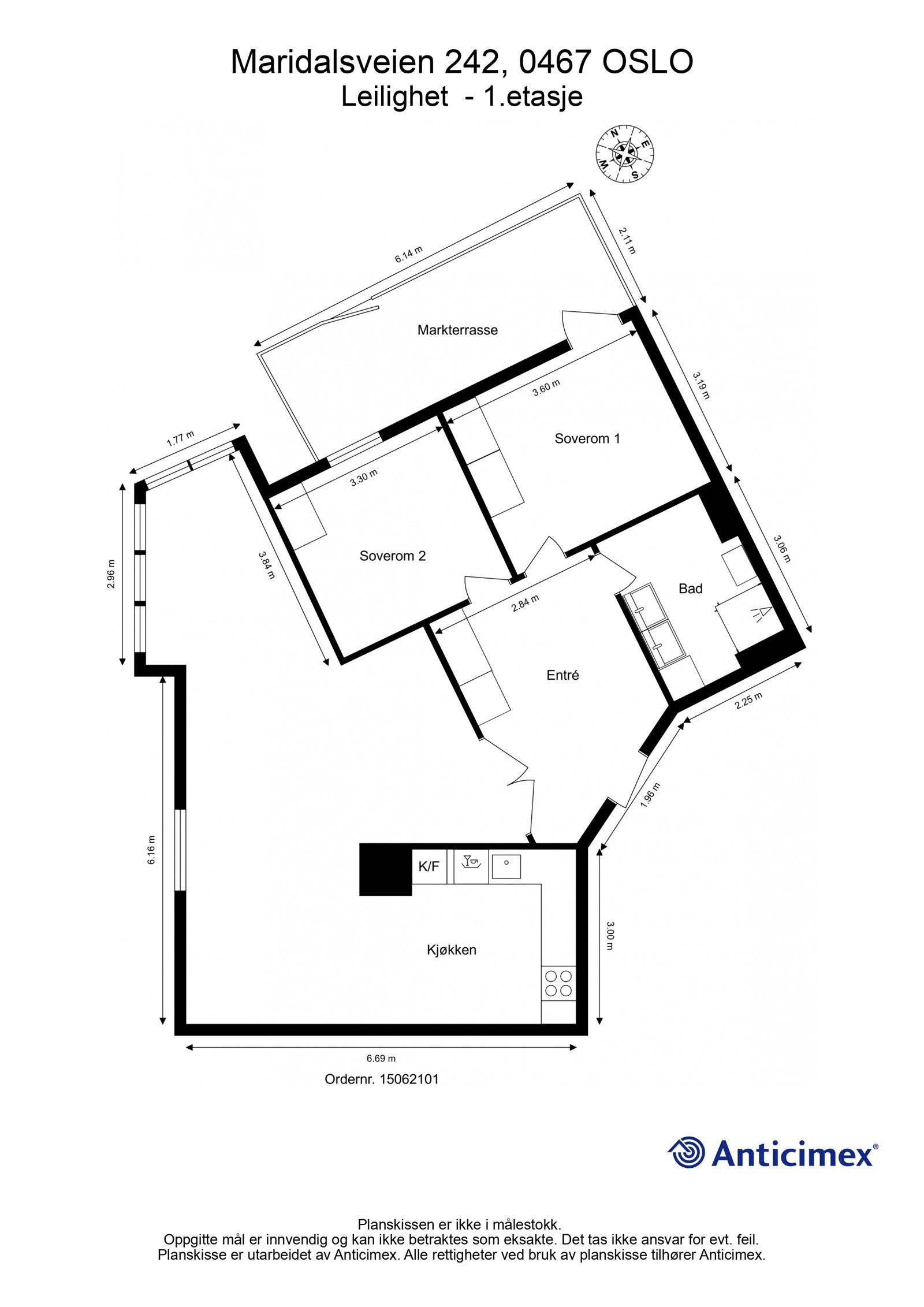 Plantegning. Leiligheten disponerer også en bod i kjelleren på ca. 8m² Galleribilde