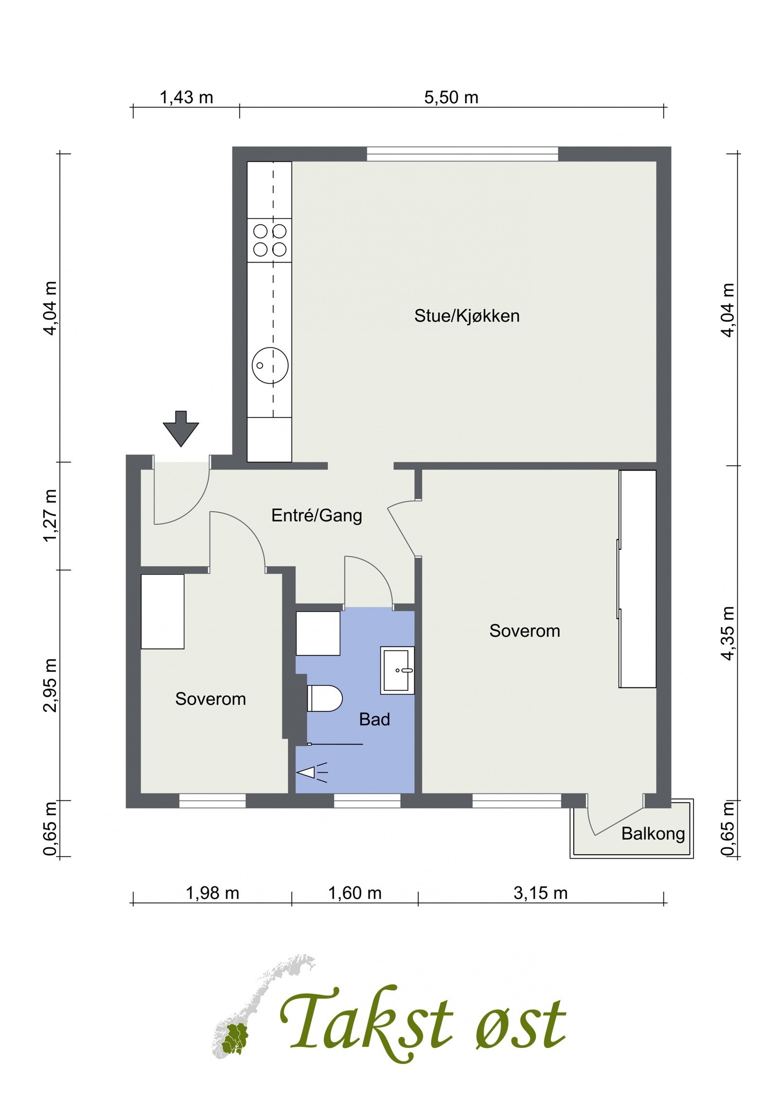 Leiligheten ligger i byggets 2. etasje og har en gjennomgående planløsning. Galleribilde