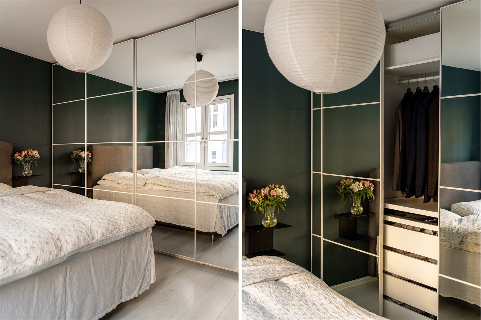 En stor skyvedørsgarderobe med speilfronter gir romslig oppbevaring til klær og personlige eiendeler. Galleribilde