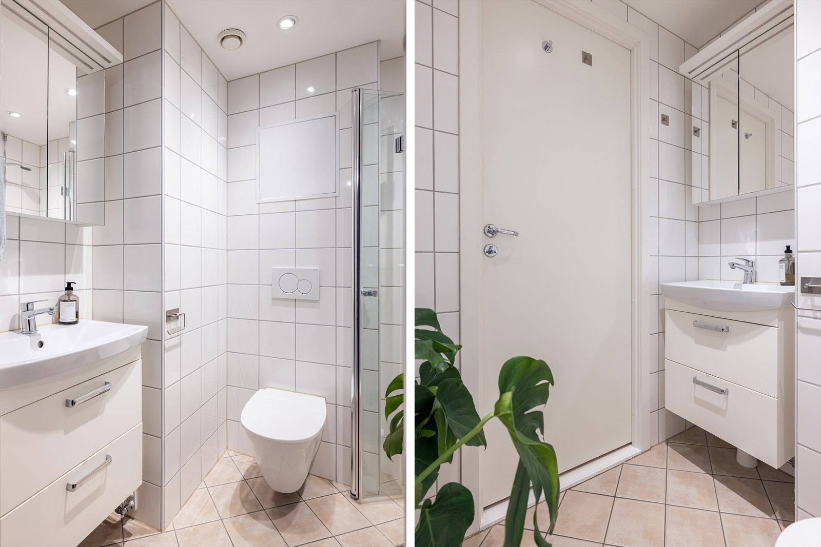 Pent flislagt bad som ble pusset opp i regi av sameiet i 2014, med varmekabler som gir en behagelig temperatur året rundt. Her er også opplegg for vaskemaskin. Galleribilde