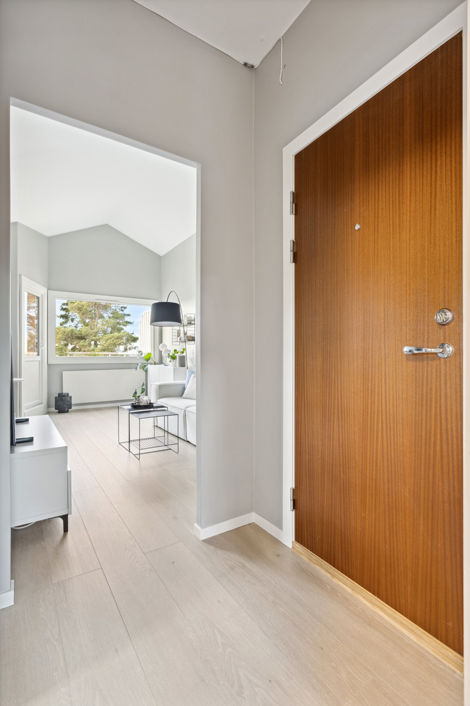 Lys og åpen entré med dørcalling. Brann- og lydklassifisert entrdør. Galleribilde