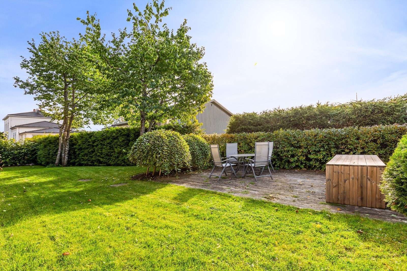 Pent opparbeidet felles hage med gressplen og beplantning Galleribilde