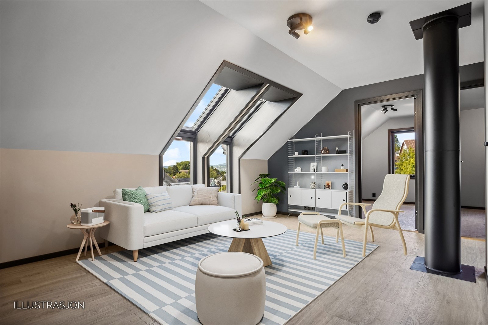 Boligen har 2 stuer. Loftstue med store vindusflater og utsikt. Det er vedovn i boligen i tillegg til balansert ventilasjon. Digitalt møblert Galleribilde