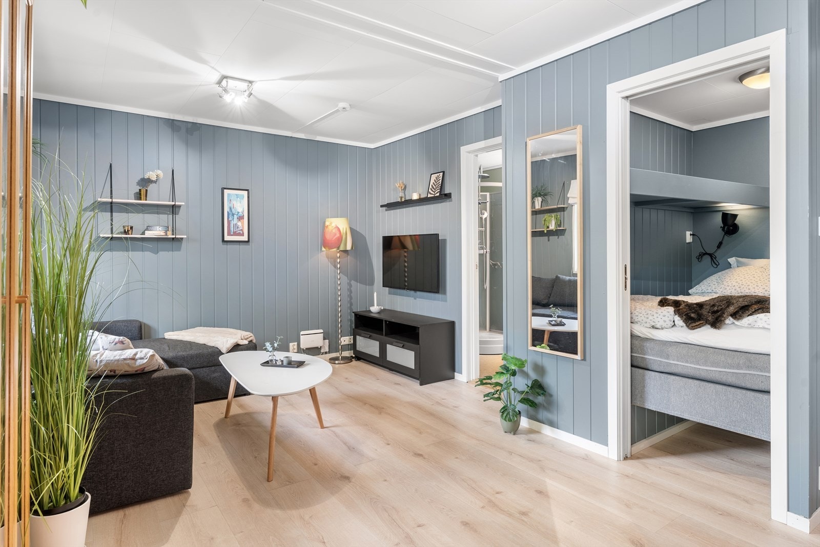 Stue med inngang til bad og sovealkove Galleribilde