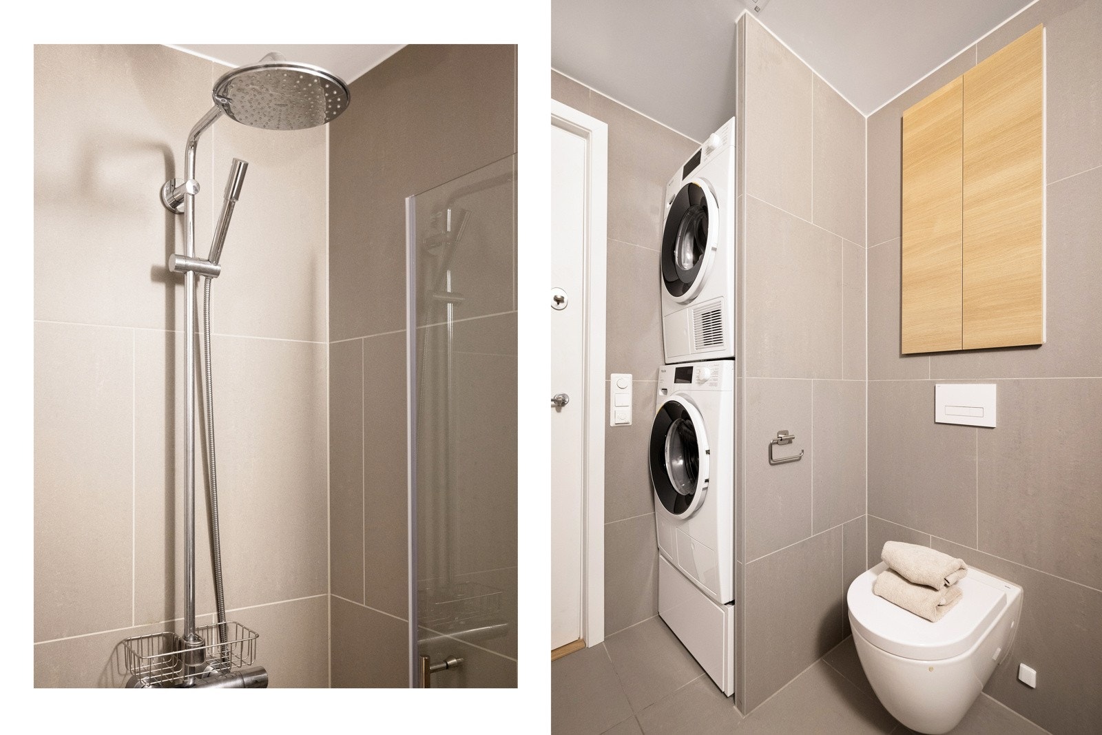 Badet har opplegg for både vaskemaskin og tørketrommel i nisje. Galleribilde