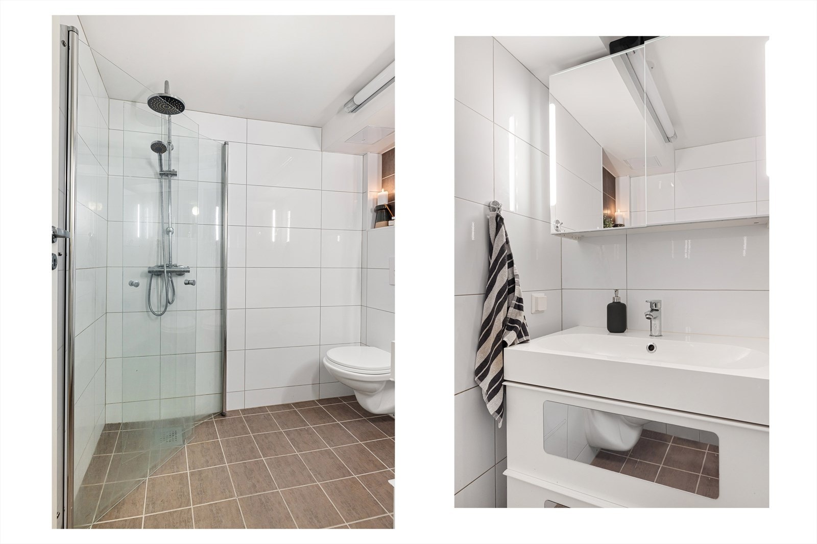 Badet er innredet med servant i innredning med skuffer, speilskap med belysning, dusjhjørne med innfellbare glassvegger og toalett Galleribilde