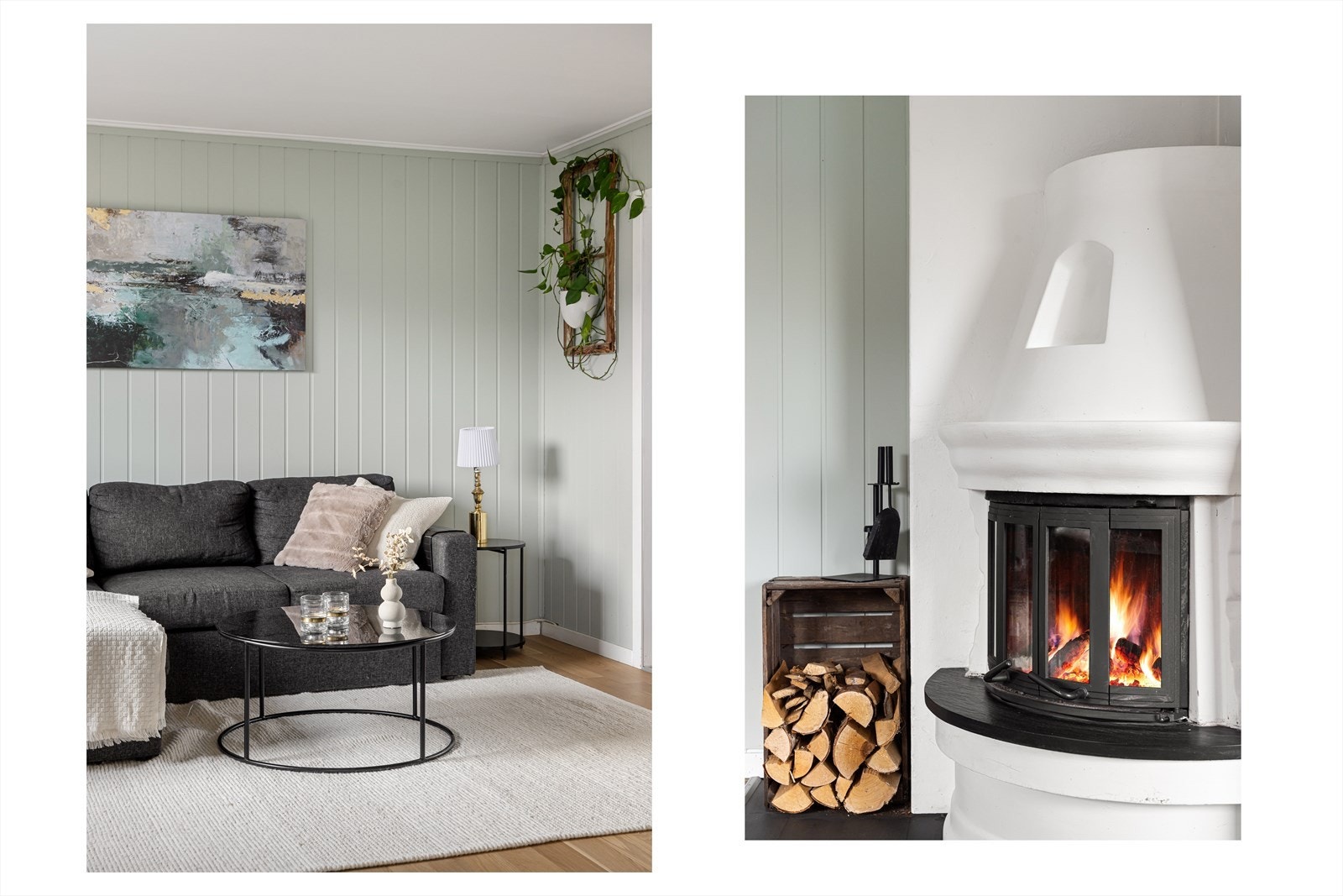 Boligen har peis og varmepumpe i stuen i både 1. og 2. etasje Galleribilde