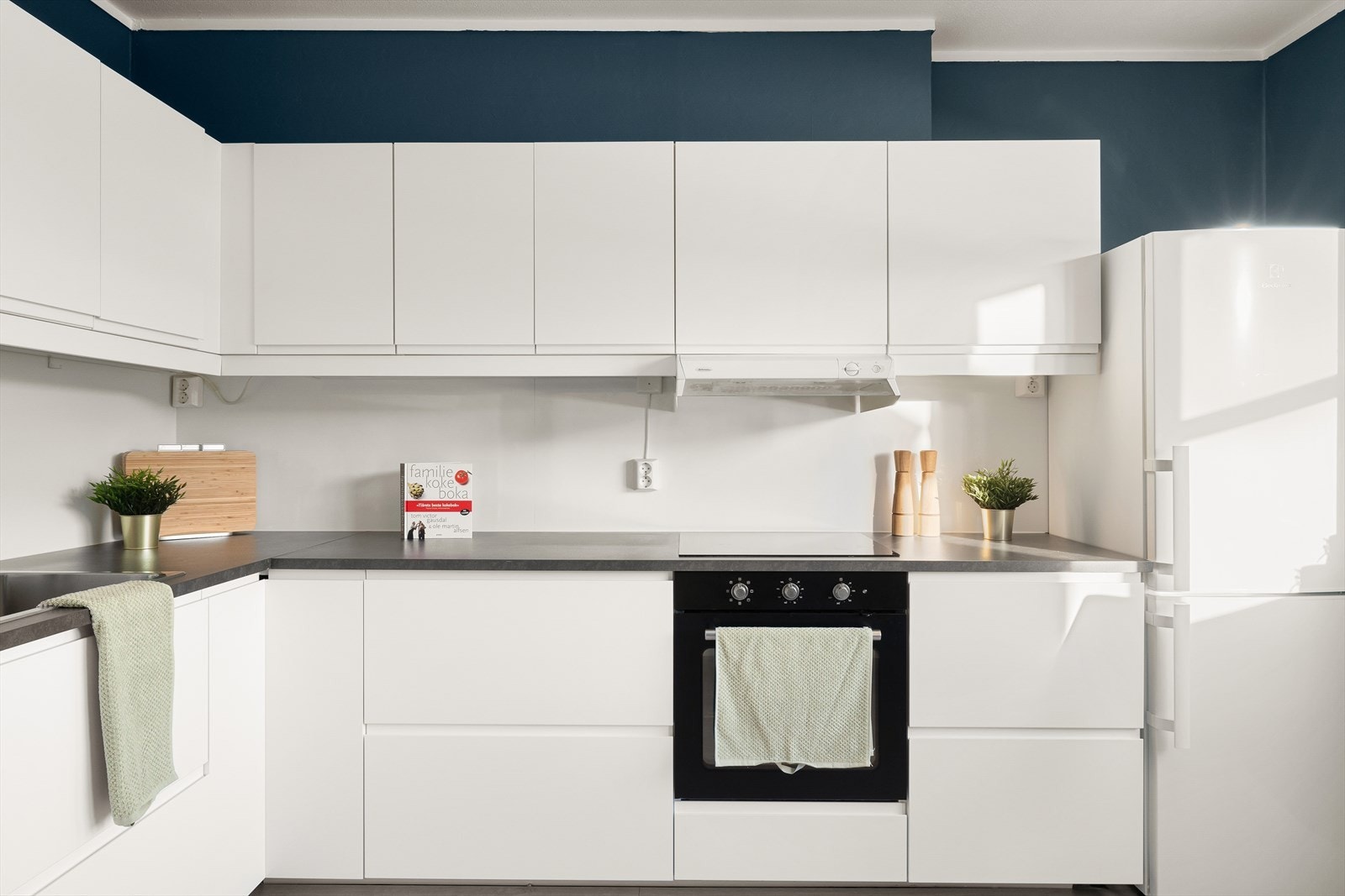 Kjøkkeninnredningen består av hvite glatte fronter og laminert benkeplate. Galleribilde