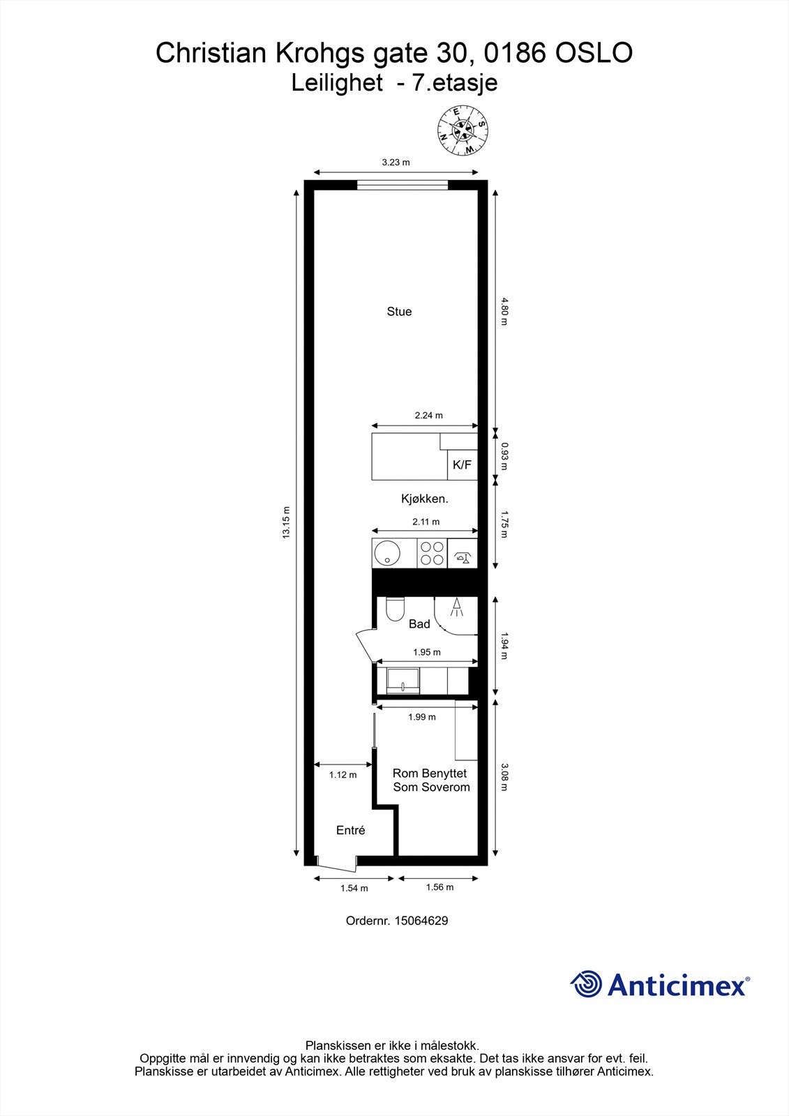 Plantegning. Stor gang er av tidligere eier delt inn i sovesone med lettvegg (ikke omsøkt). Galleribilde