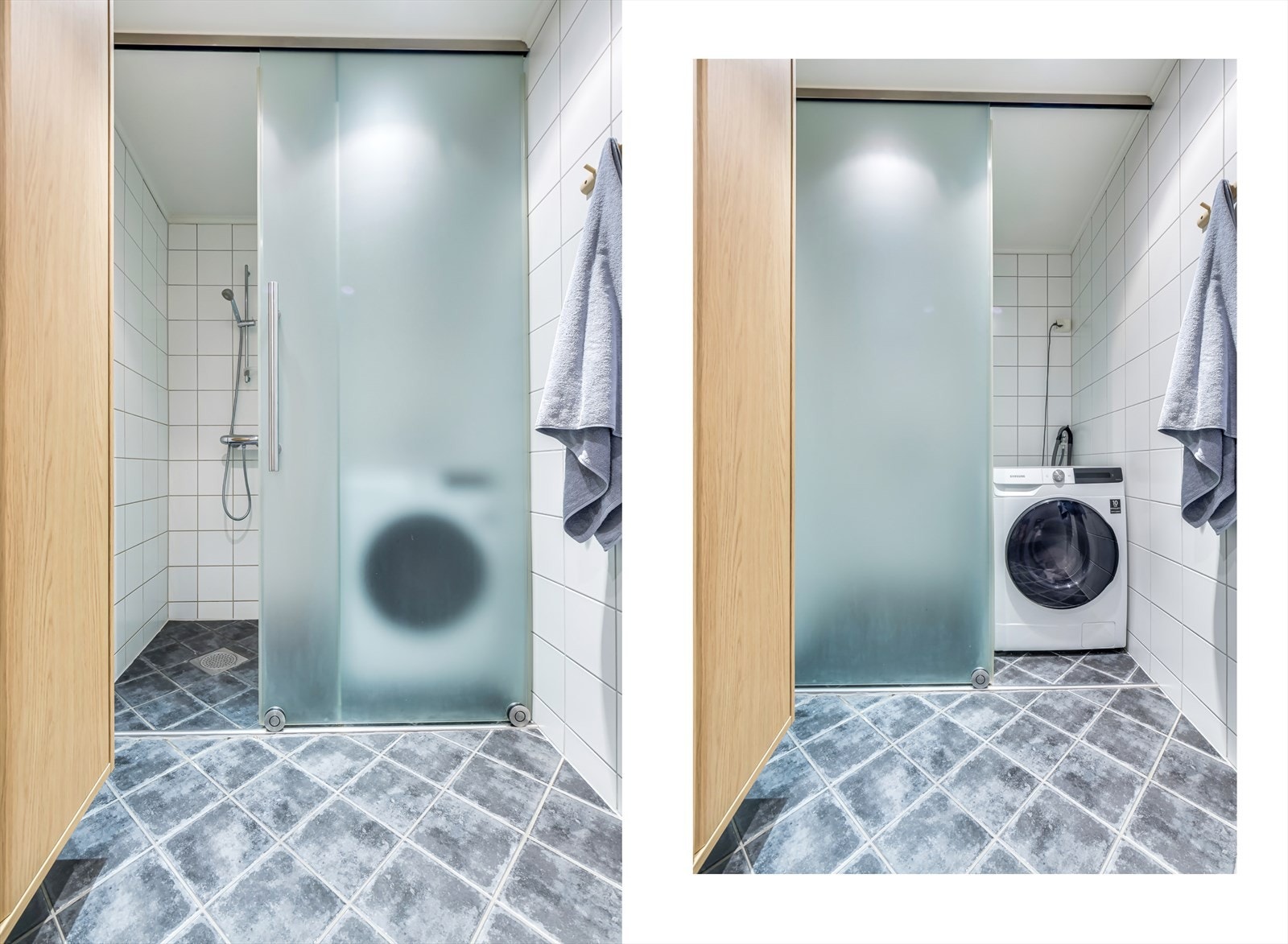 Det er opplegg for vaskemaskin, som ligger skjult bak skyvedør i frostet glass Galleribilde