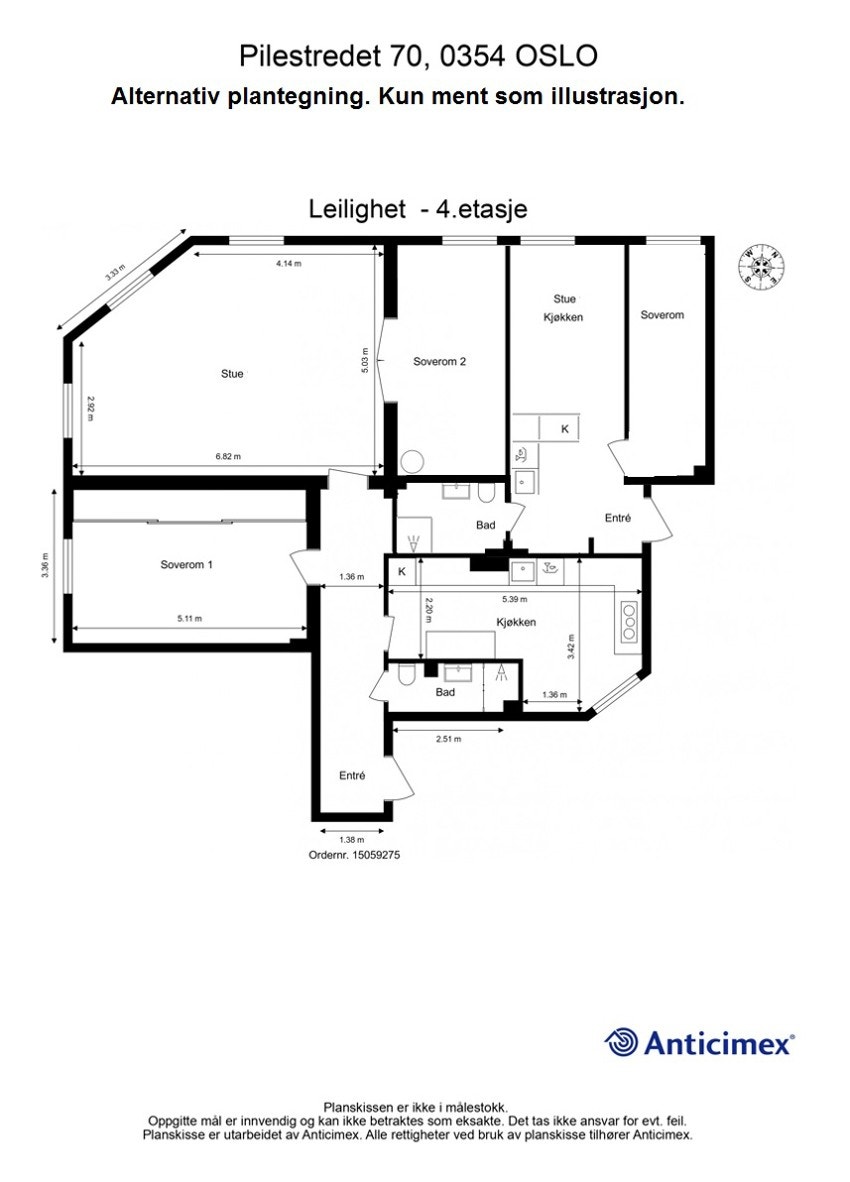 Leiligheten har to innganger. Plantegningen viser hvordan man kan dele opp leiligheten (3-roms + hybel). Det er opp til den enkelte å undersøke hvorvidt dette lar seg gjennomføre. Bildet er kun ment som illustrasjon. Galleribilde