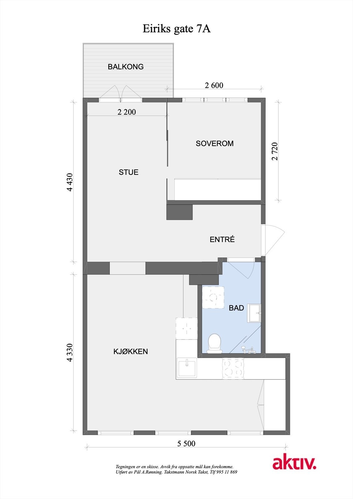 Planskisse. Leiligheten har en fleksibel planløsning med mulighet for ett eller to soverom, og hvor det store kjøkkenet kan benyttes som en kombinert stue-/kjøkkenløsning. Galleribilde