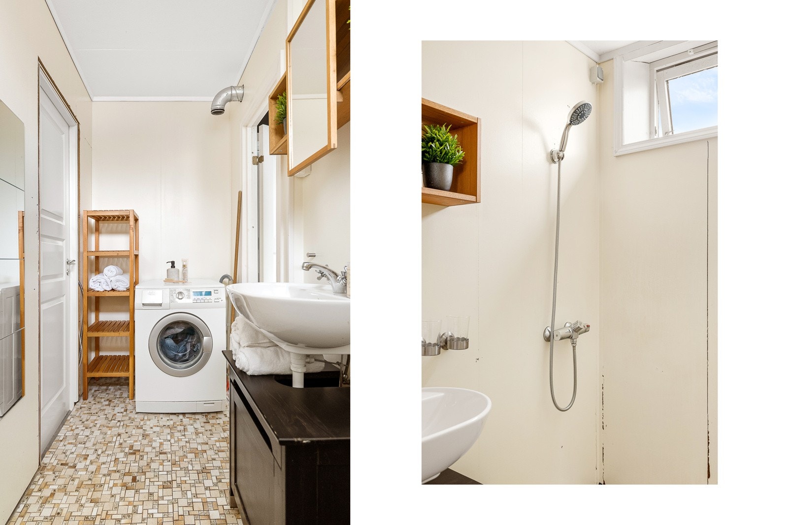 Badet måler 3,9 kvadratmeter og har keramiske fliser på gulv, malte plater på vegger og malte flater i himling. Galleribilde