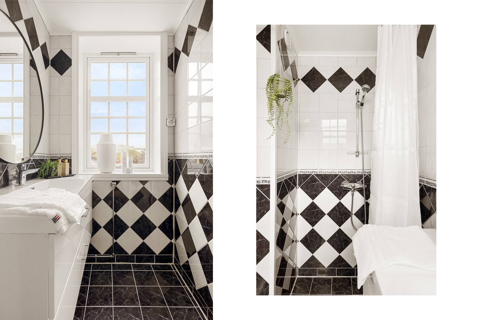 Badet har keramiske fliser på gulv og vegger, takplater i himling og innfelte spotter. Galleribilde