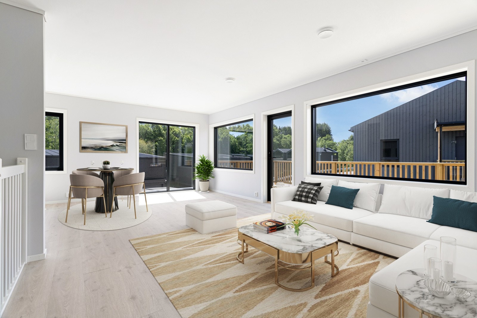 Stue og kjøkken i åpen løsning. Bildet er digitalt stylet. Galleribilde