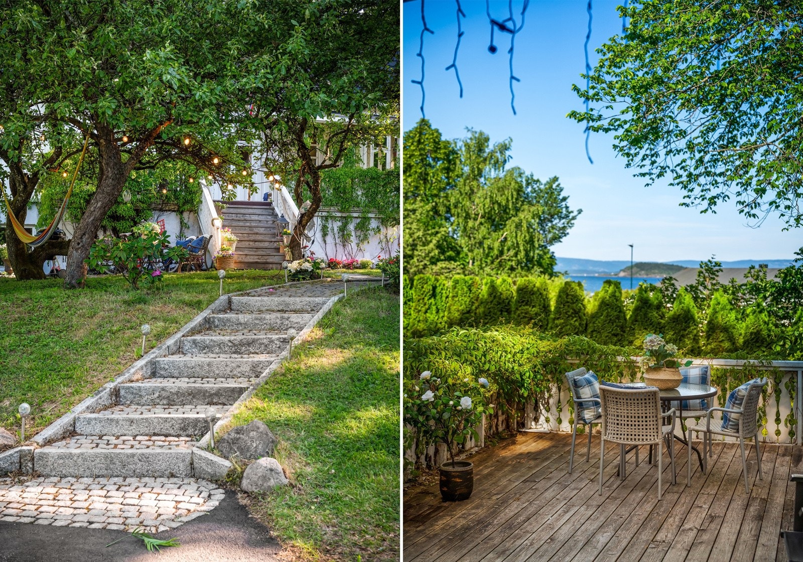 Steintrappen leder opp til en skjermet, solrik uteplass med utsikt Galleribilde