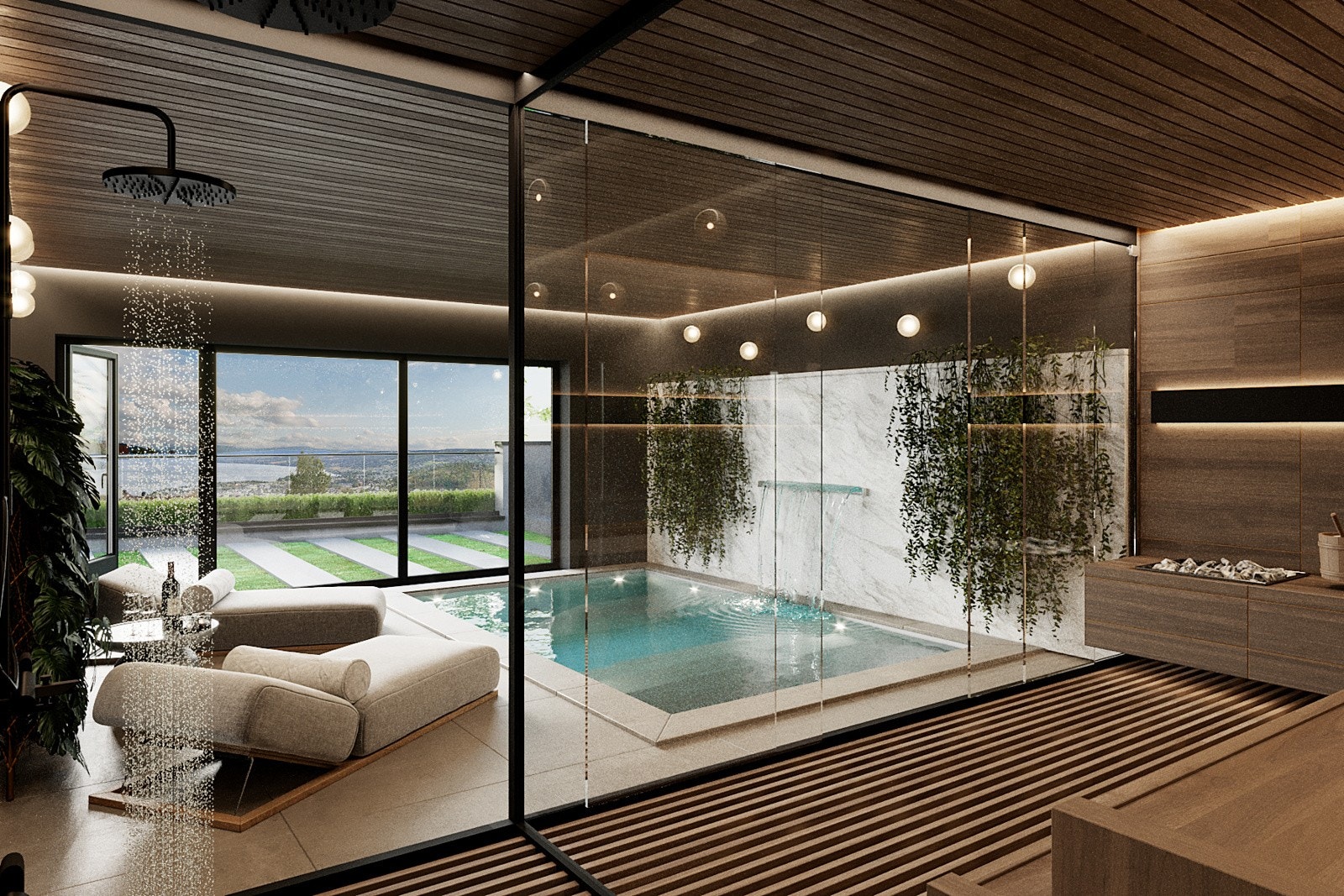 Bonusen finner du i spa-rommet med svømmebasseng, badstue og foldbare dører rett ut til hagen. Her får du følelsen av luksus hjemme, året rundt. Galleribilde