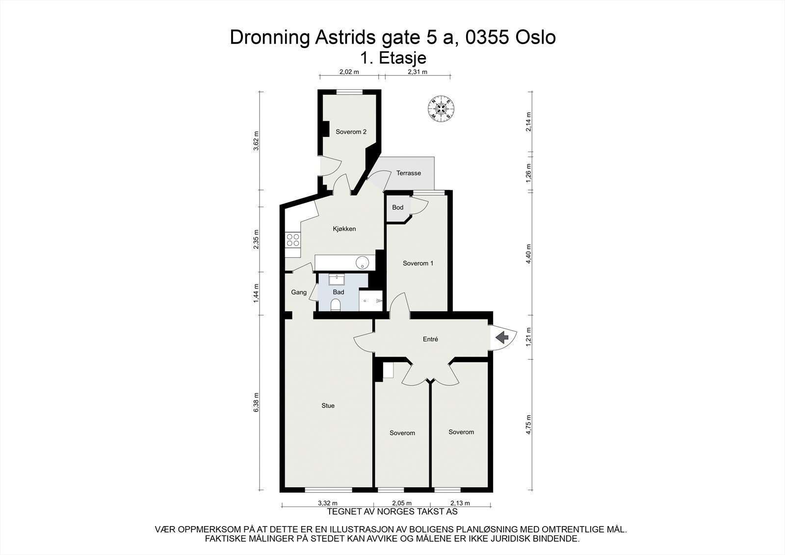 Vi starter med en oversikt over leilighetens planløsning, slik at du kan orientere deg. Galleribilde