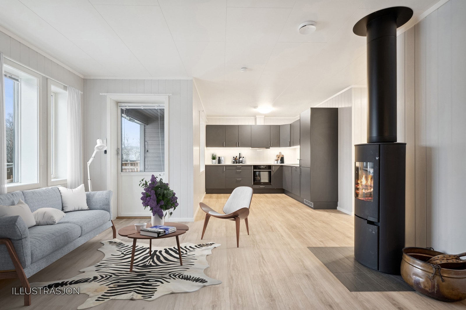 Åpen og sosial løsning for stue og kjøkken ( Foto med digital møblering) Galleribilde