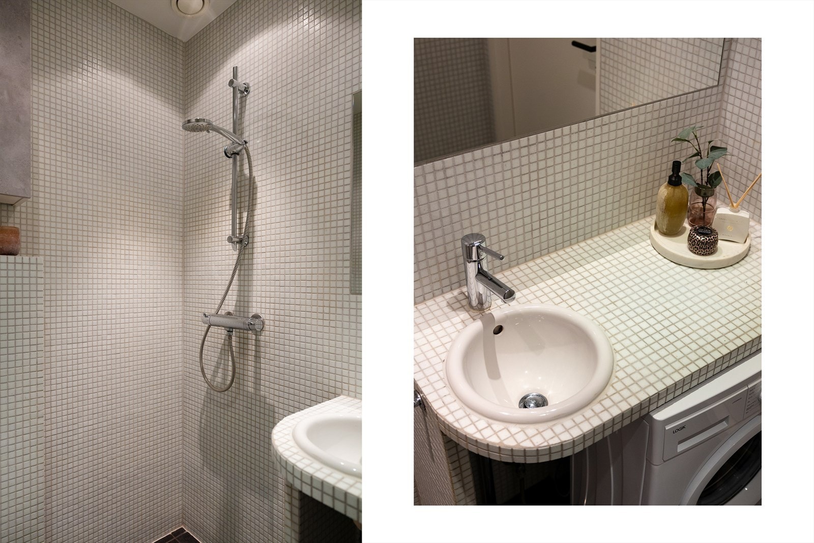 Termostaten for gulvvarmen ble skiftet i 2024, og himlingen ble sist malt i 2023. Opplegg for vaskemaskin er tilgjengelig under benkeplaten, noe som gir en smart og plassbesparende løsning på badet Galleribilde