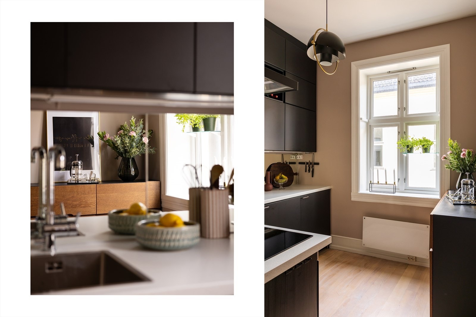 Kjøkkenet er utstyrt med integrerte hvitevarer som induksjonstopp med komfyrvakt, stekeovn, oppvaskmaskin (smal modell), samt kjøleskap og fryseskap Galleribilde