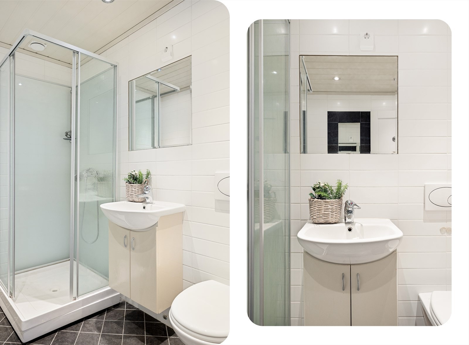 Badet er utstyrt med toalett, helstøpt servant, skap under servant med slette fronter for oppbevaring og dusjkabinett Galleribilde