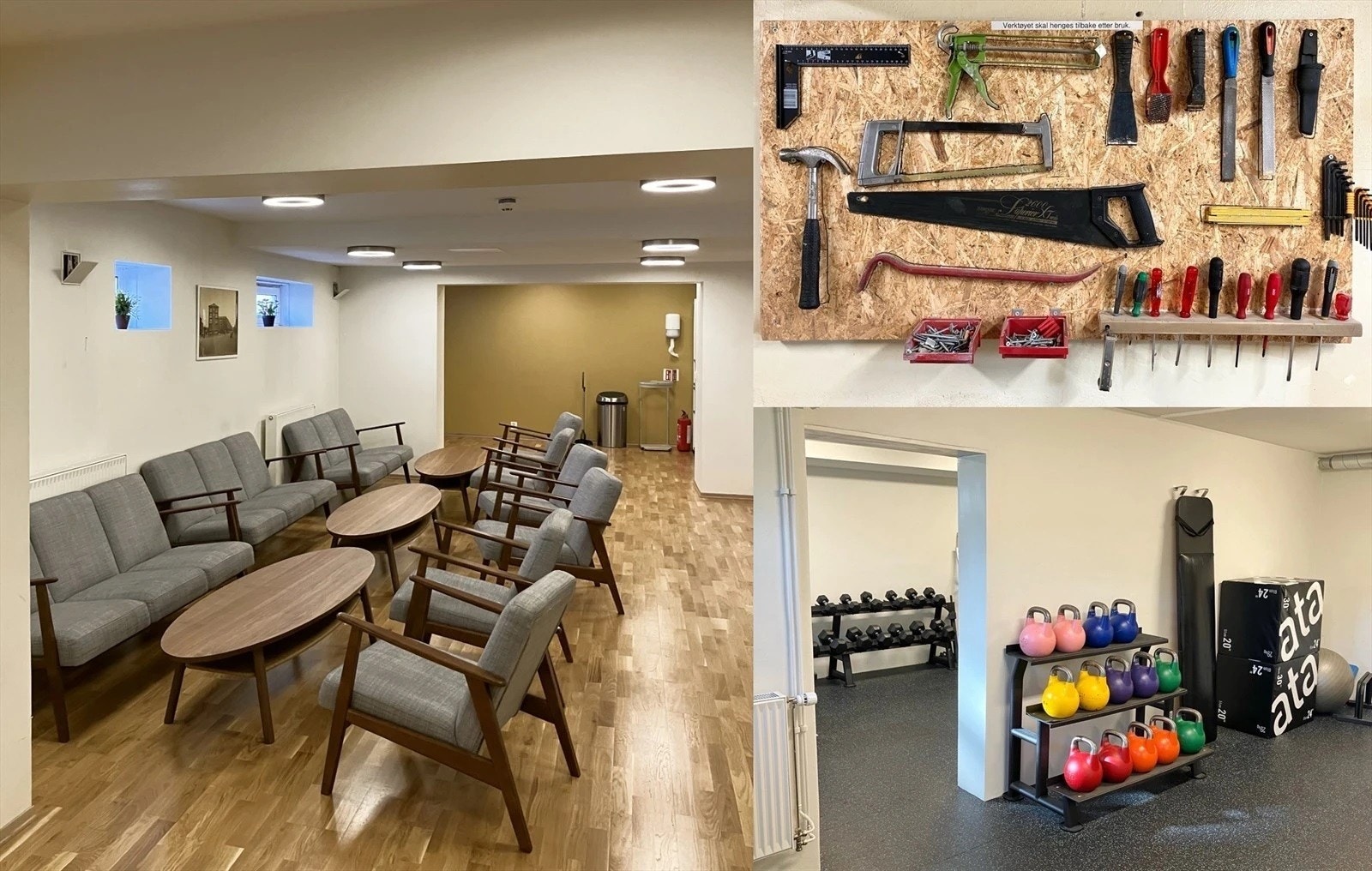I borettslaget er kan er det et selskapslokale, hobbyrom og et velutstyrt treningsrom for bare kr 500 pr år. Galleribilde