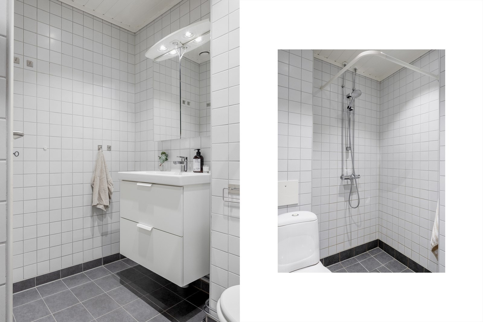 Badet er utstyrt med servantinnredning, speilskap med lys og stikk, toalett og dusjsone Galleribilde