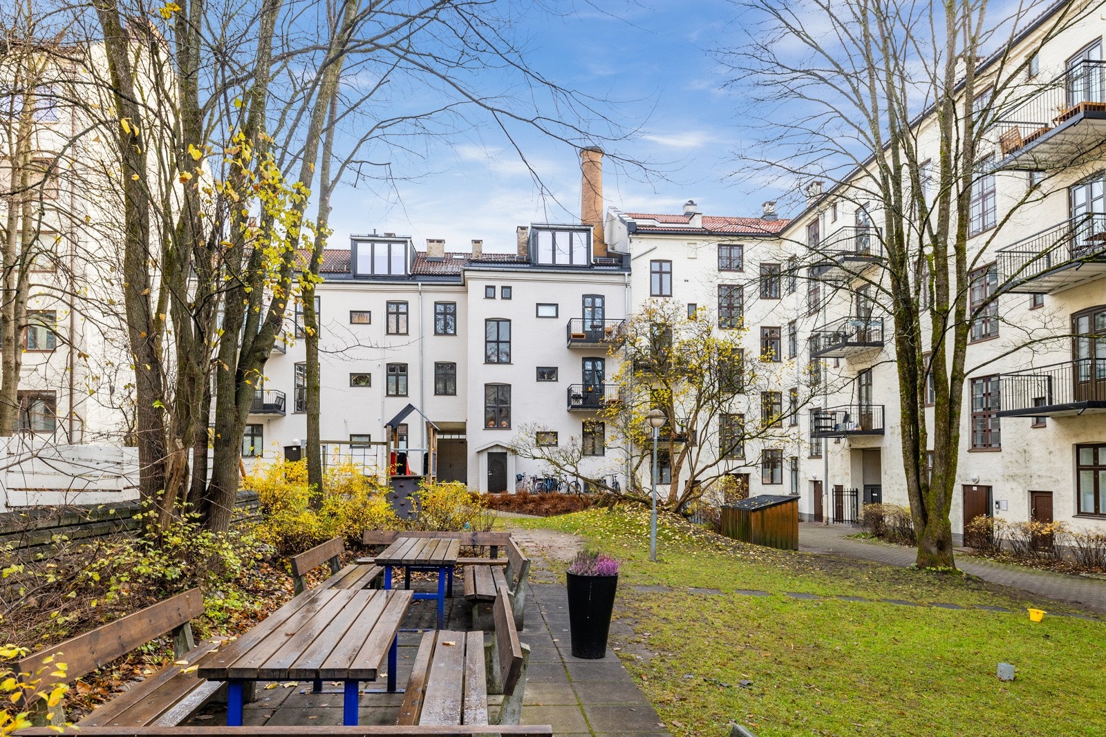 Bakgården er opparbeidet med store grønne plenarealer, diverse beplantning og asfalterte områder. Galleribilde