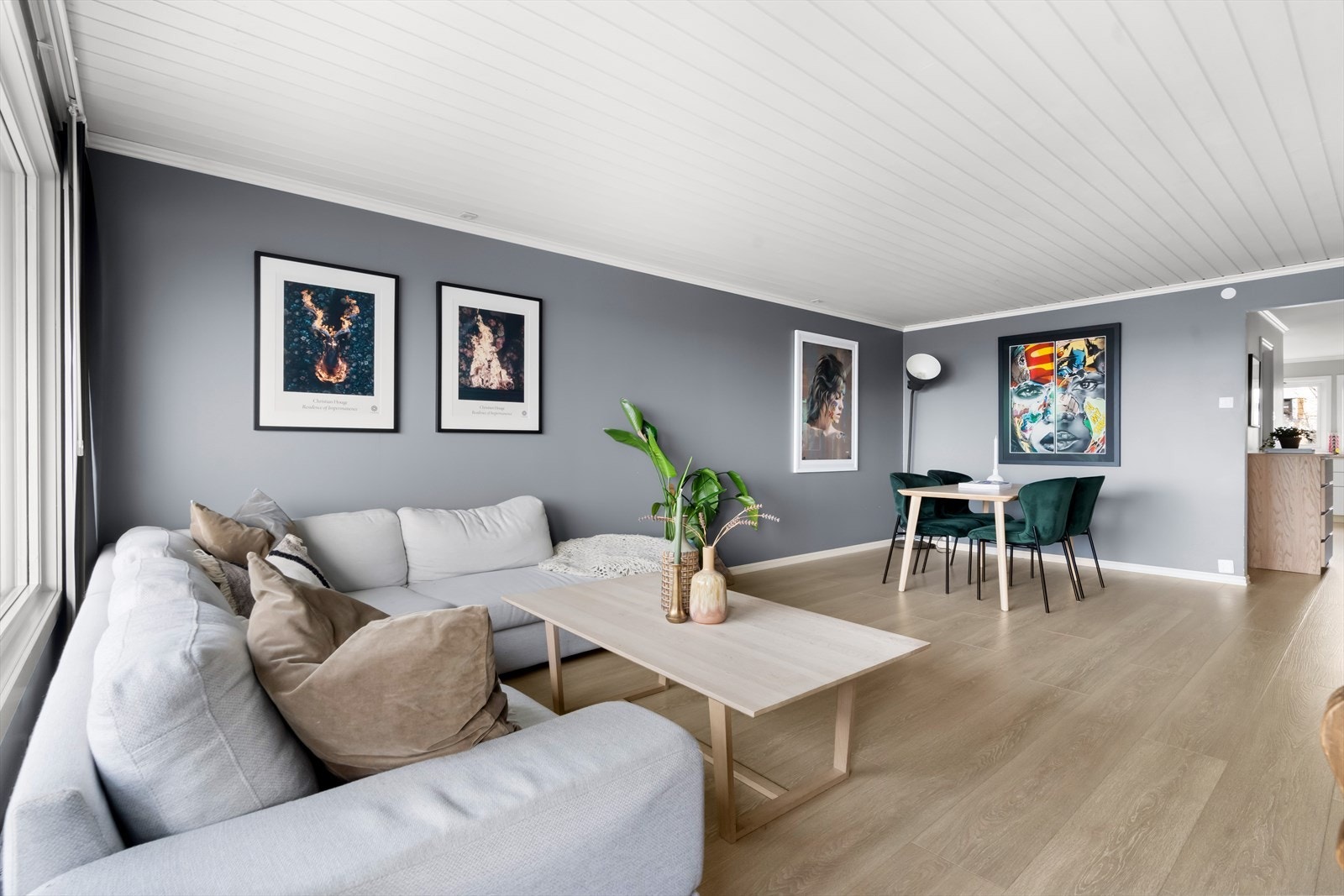 Rommet har god plass til sofaseksjon, tv-møbel og spisegruppe. Galleribilde