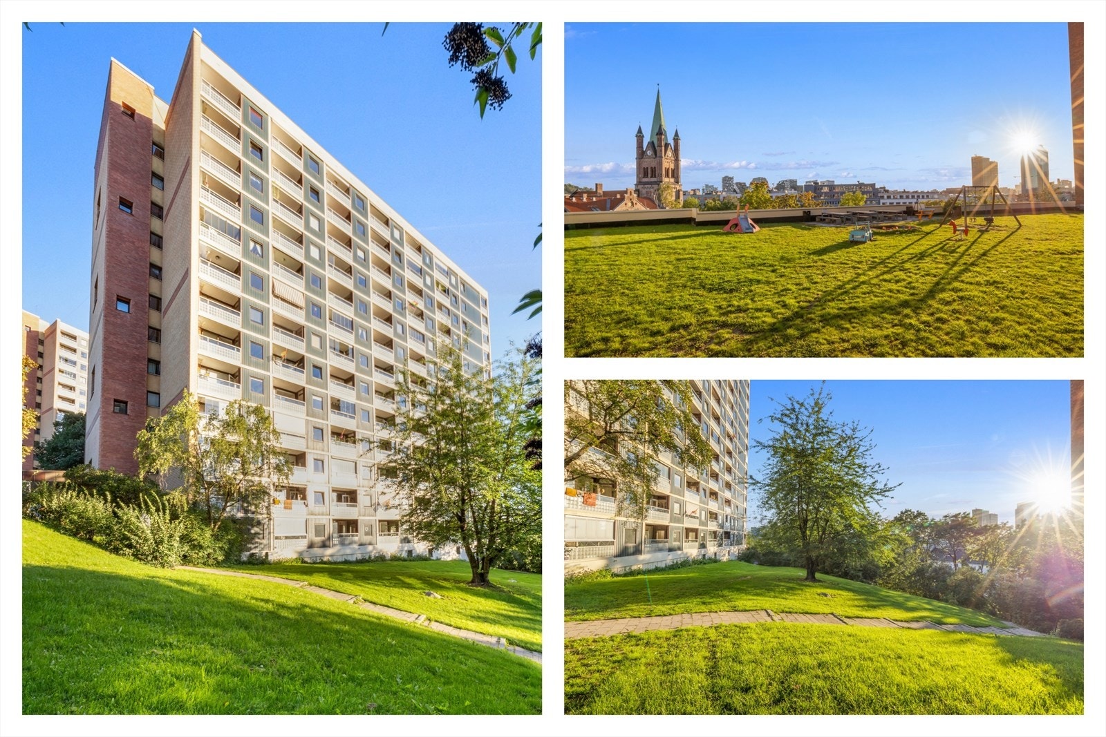 Flotte fellesarealer som er opparbeidet med plen, trær, prydbusker og diverse beplantning. Galleribilde