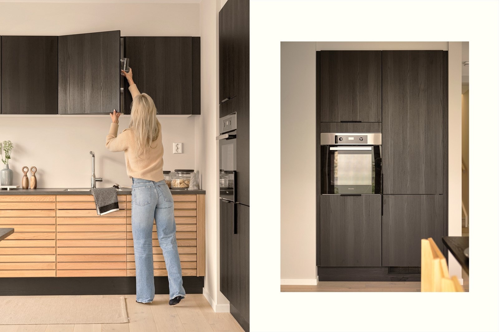 Delikat kjøkken fra HTH med fronter i "Modell 48 One" i kombinasjon til "Nordic Spirit Natur Eik". Alle hvitevarer er integrerte i innredningen, med stekeovn i praktisk arbeidshøyde. Galleribilde