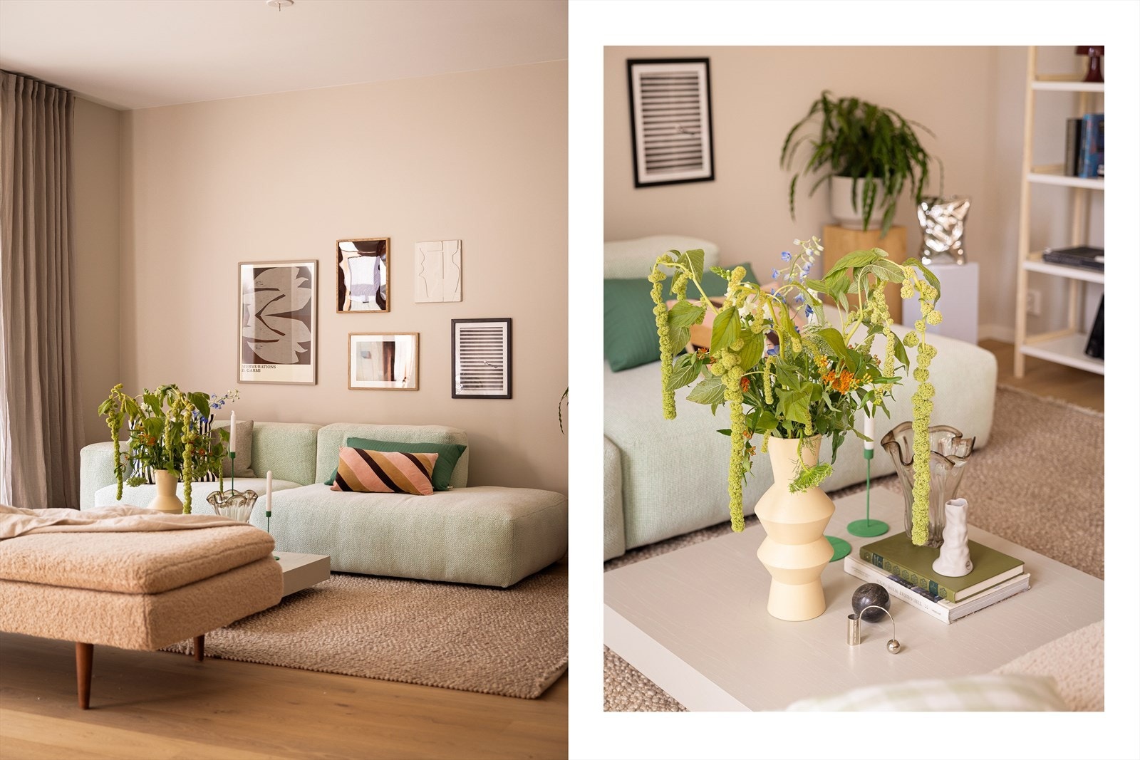 Overflater i lyse, tidsriktige farger og 1-stavs eikeparkett i gulv. Galleribilde