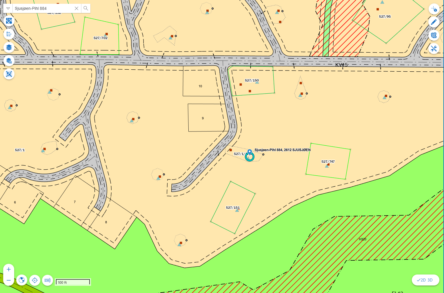 Skisse som viser regulerte tomter rundt hytta. Ih.h.t. utbygging iKroksjølia. Det kommer ingen nye tomter rett foran hytta, men det er to tomter langs samme stikkvei som er en del av fortettingen. Galleribilde