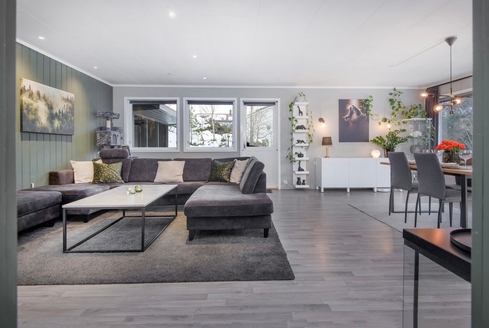 Romslig stue med god plass til både sitte- og spisegruppe. Galleribilde