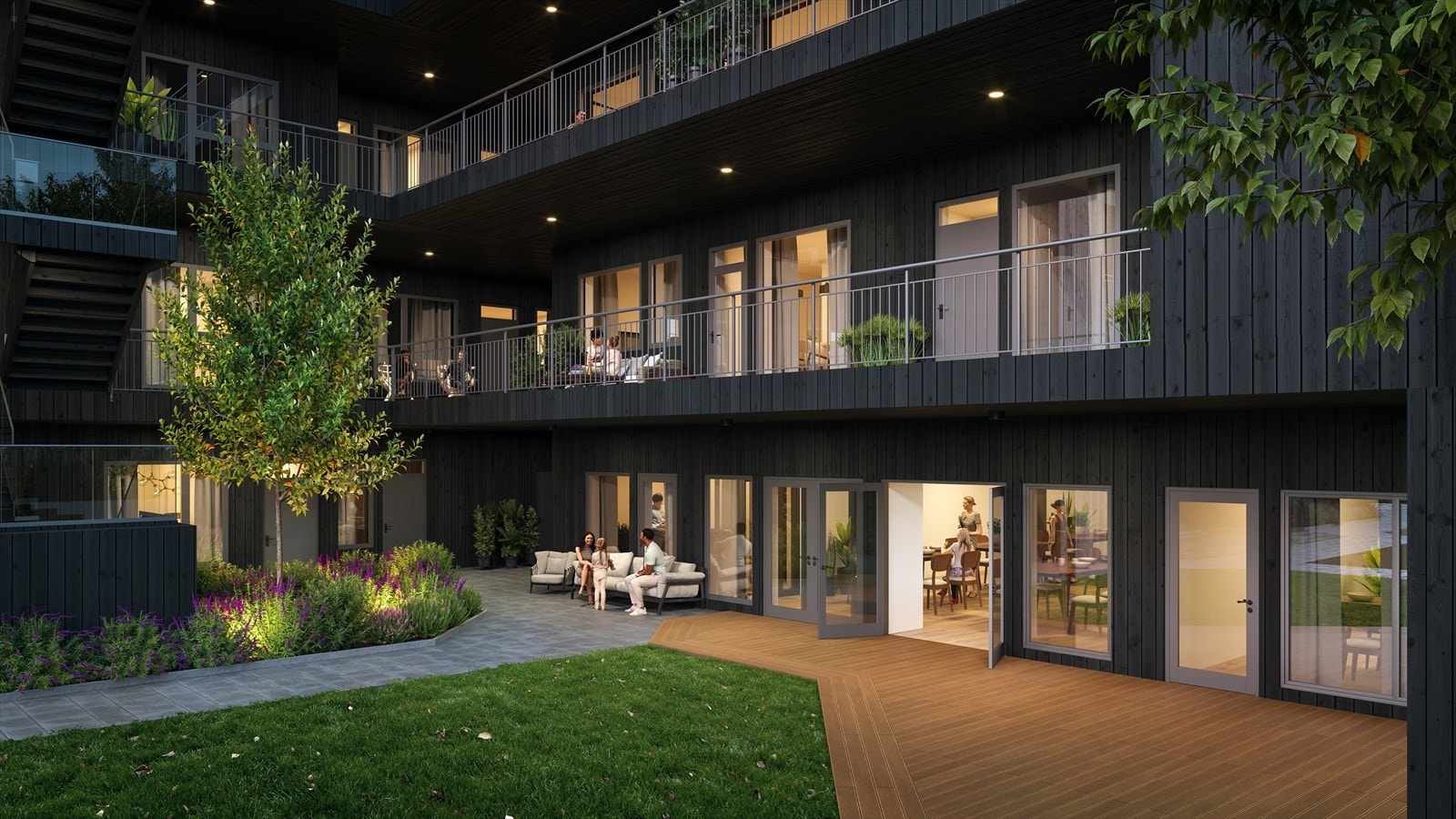 Fra gårdstun mot fellesrom. Lokalet er stort og romslig, utstyrt med kjøkken og kan bookes av beboerne - (Illustrasjonsbilde - avvik vil forekomme) Galleribilde