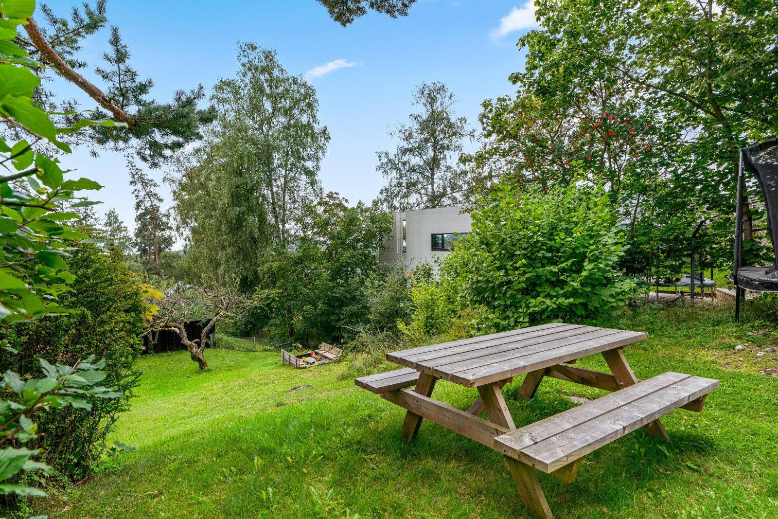 Sameiet kan by på et fellesområde med sandkasse, trampoline og sittegruppe. Galleribilde