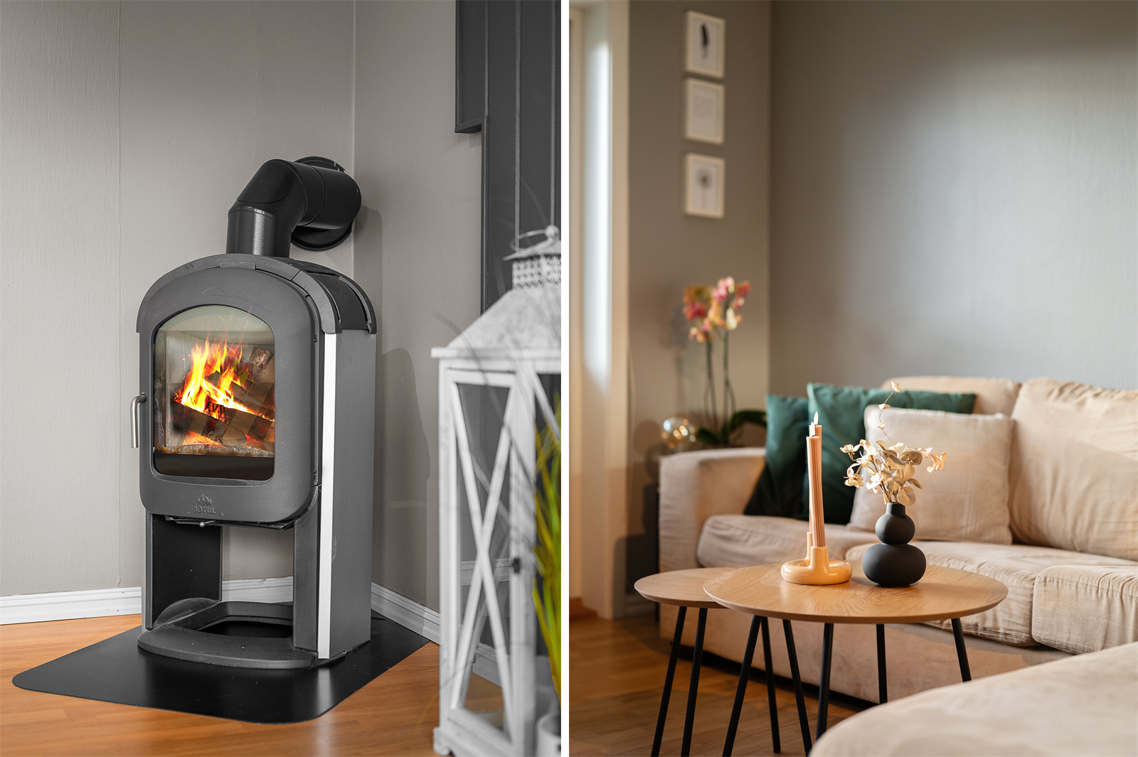 Åpen peis i stue som varmer godt på kalde vinterdager. Galleribilde