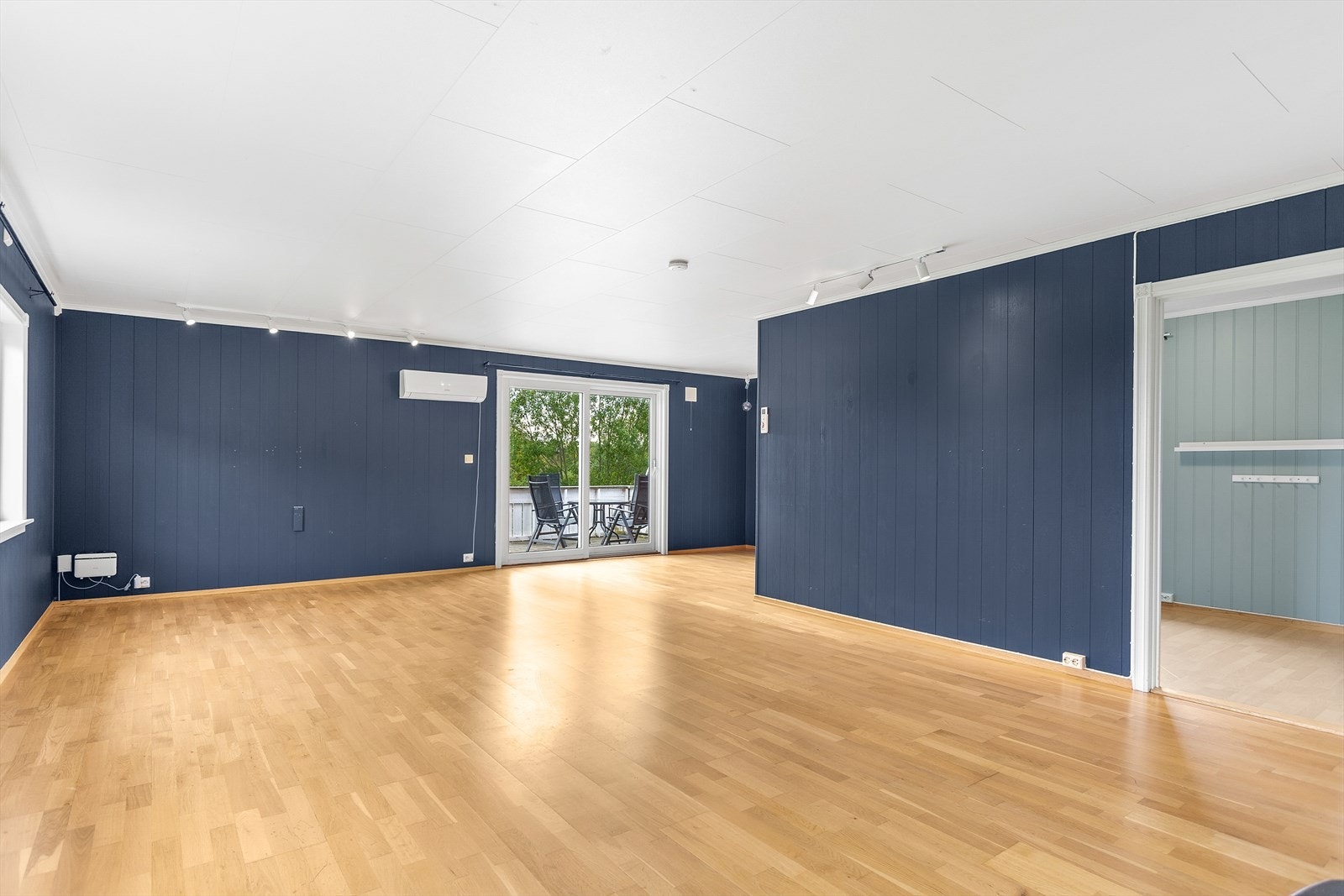 Stor stue med installert varmepumpe og adkomst til terrasse. Galleribilde