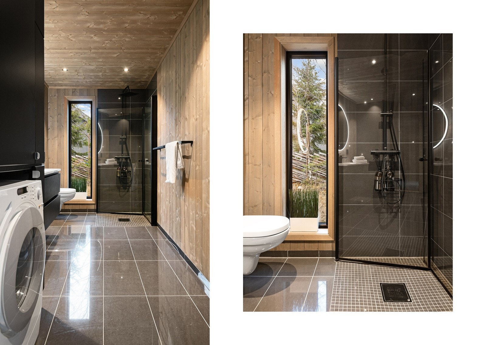 Praktisk skapløsning til varmtvannsbereder og vaskemaskin gir ekstra lagringsplass og et helhetlig inntrykk av rommet og plassering av vaskemaskin nærmest ytterdøren kommer godt med slik at gjørmete tøy fra barnas lek i skogen enkelt kan kastes til vask. Galleribilde