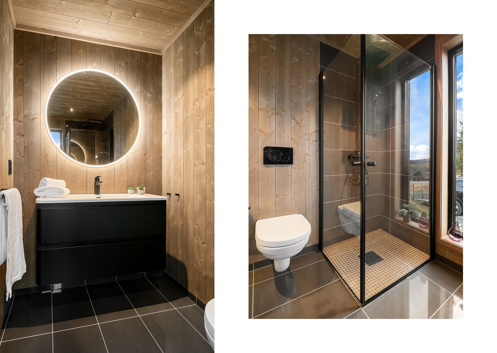 Baderommet består av baderomsmøbel med servant og speil med lys, vegghengt toalett og dusjnisje. Galleribilde