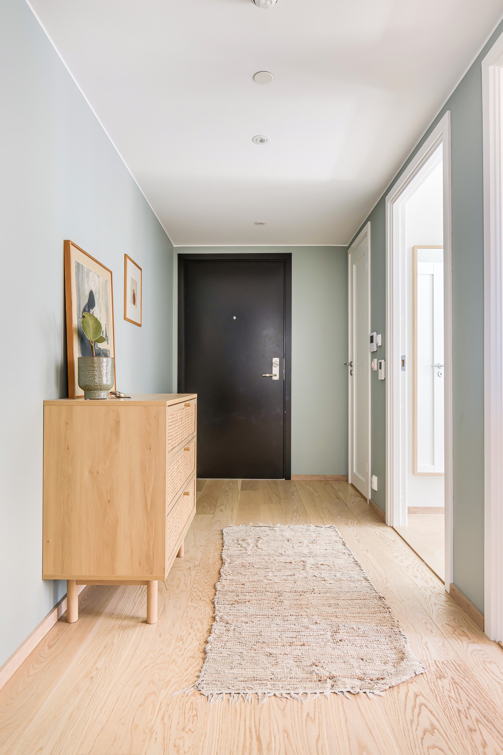 Praktisk dørcalling og Unlock app-system. Gangen er malt i fargen Minty breeze. Galleribilde