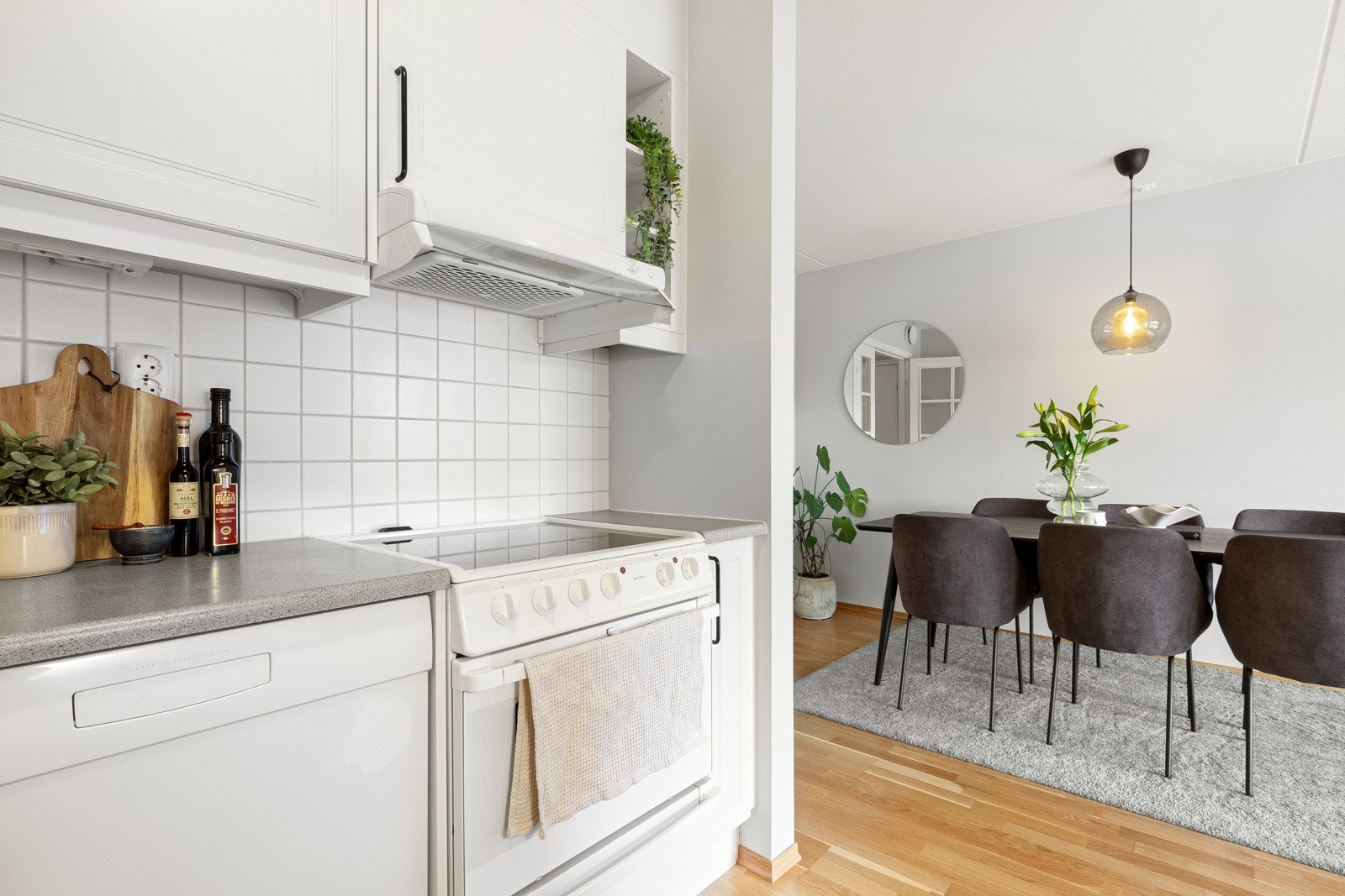 Oppvaskmaskin, komfyr og kjøleskap med frysedel. Ventilator med mekanisk avtrekk. Galleribilde