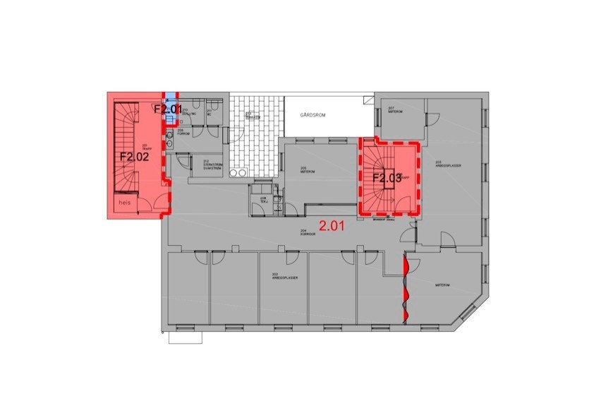 Kontorarealene er i dag satt opp med cellekontorer, men kan enkelt gjøres om til et større landskap. Galleribilde