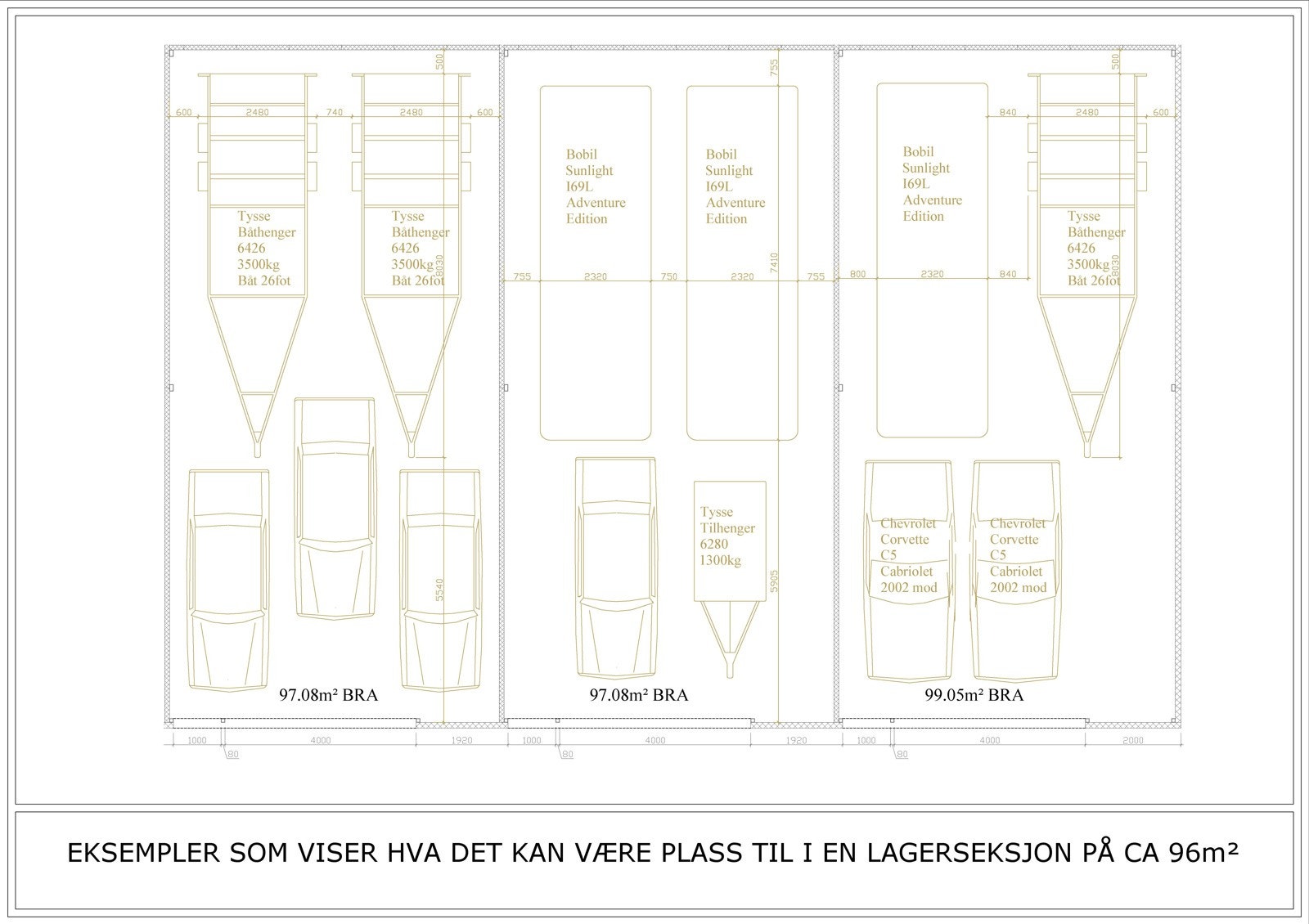 Illustasjon over hva det er plass til i en seksjon på 96m² Galleribilde