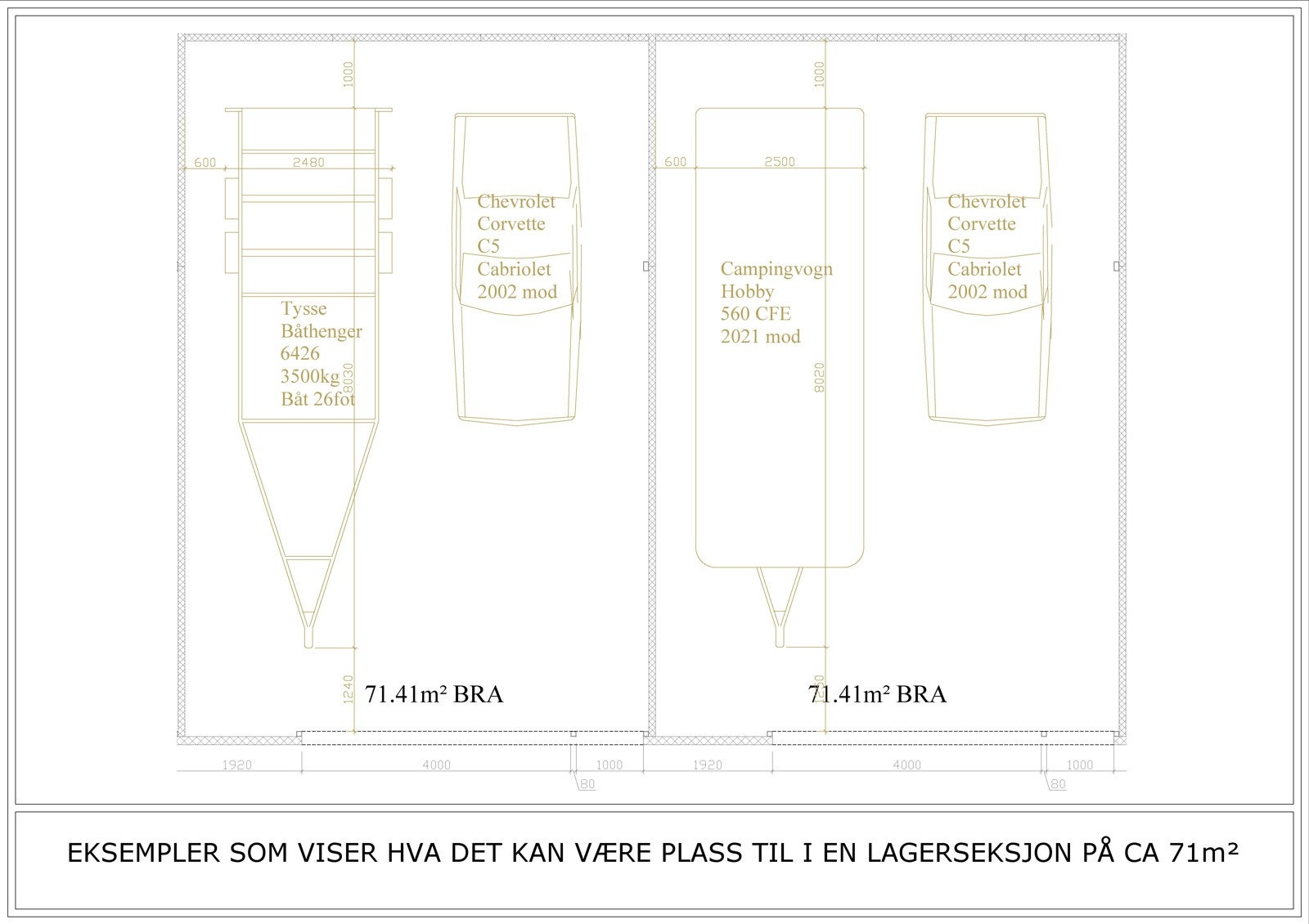 Illustasjon over hva det er plass til i en seksjon på 71m² Galleribilde